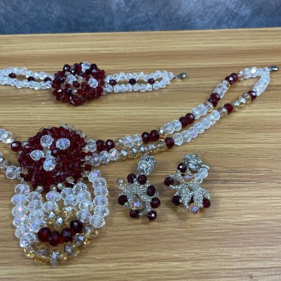 Vintage Beaded Necklace set earrings bracelet ring faux clear and ruby bead - Picture 12 of 16